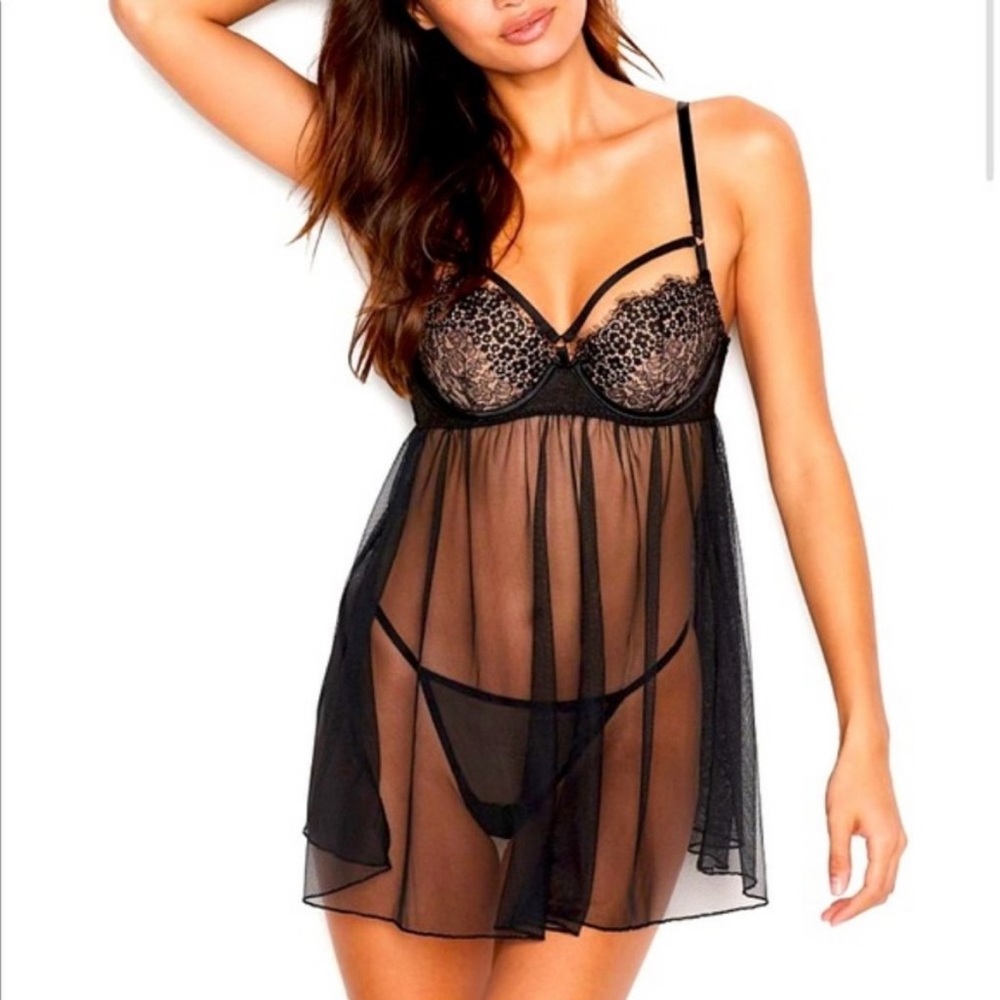 Victoria’s Secret Strappy Tulle Babydoll - 36D - Black- NWT